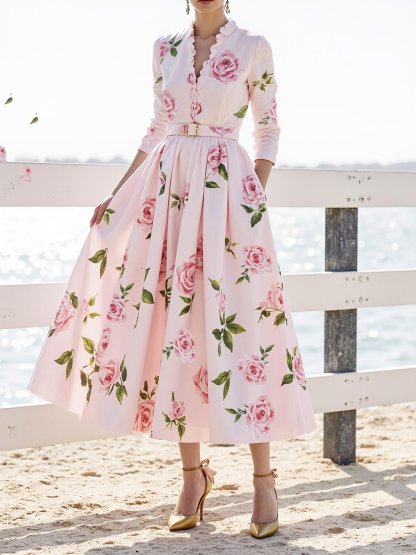 Long Sleeves V Neck Floral Belt Design Vacation Light Pink Vintage Midi Linen Dress (S-XXL)