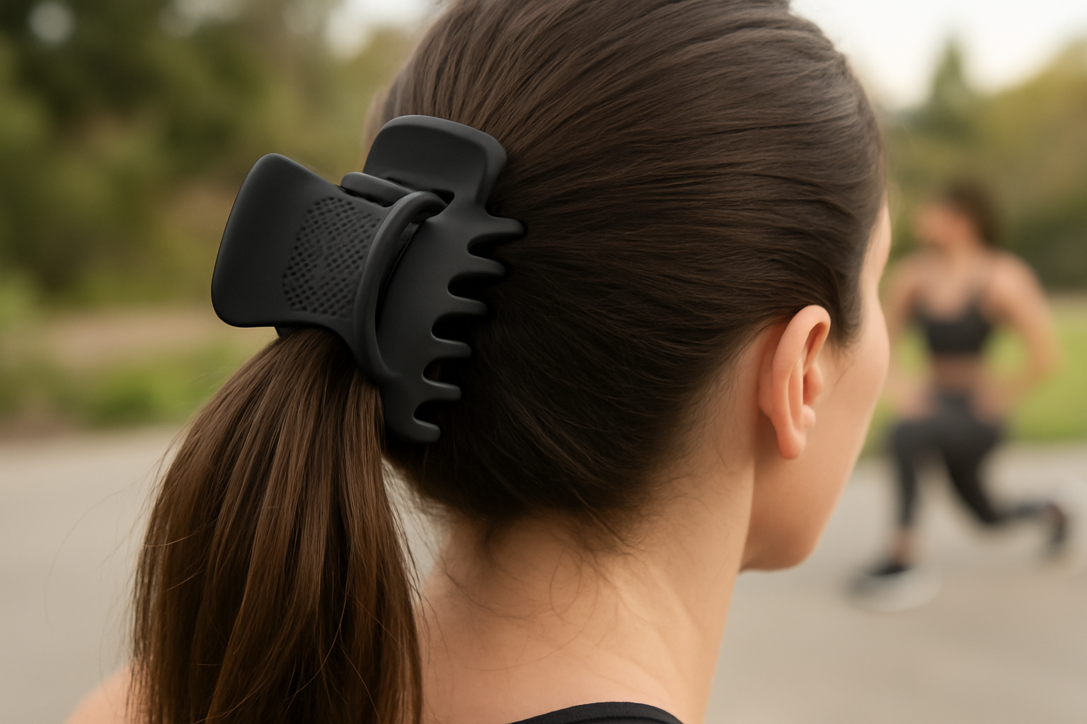 Non-slip matte claw clip holding back hair during an outdoor workout