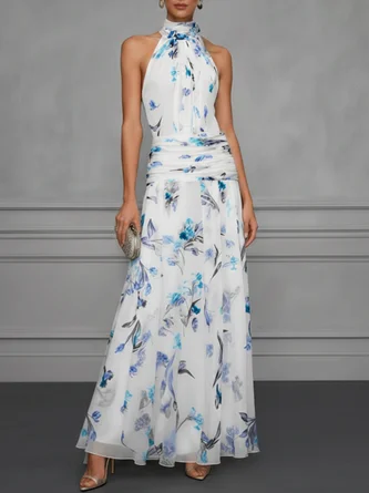 White Ruched Floral Chiffon Halter Sleeveless A-Line Maxi Dress
