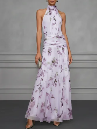 White Ruched Floral Chiffon Halter Sleeveless A-Line Maxi Dress