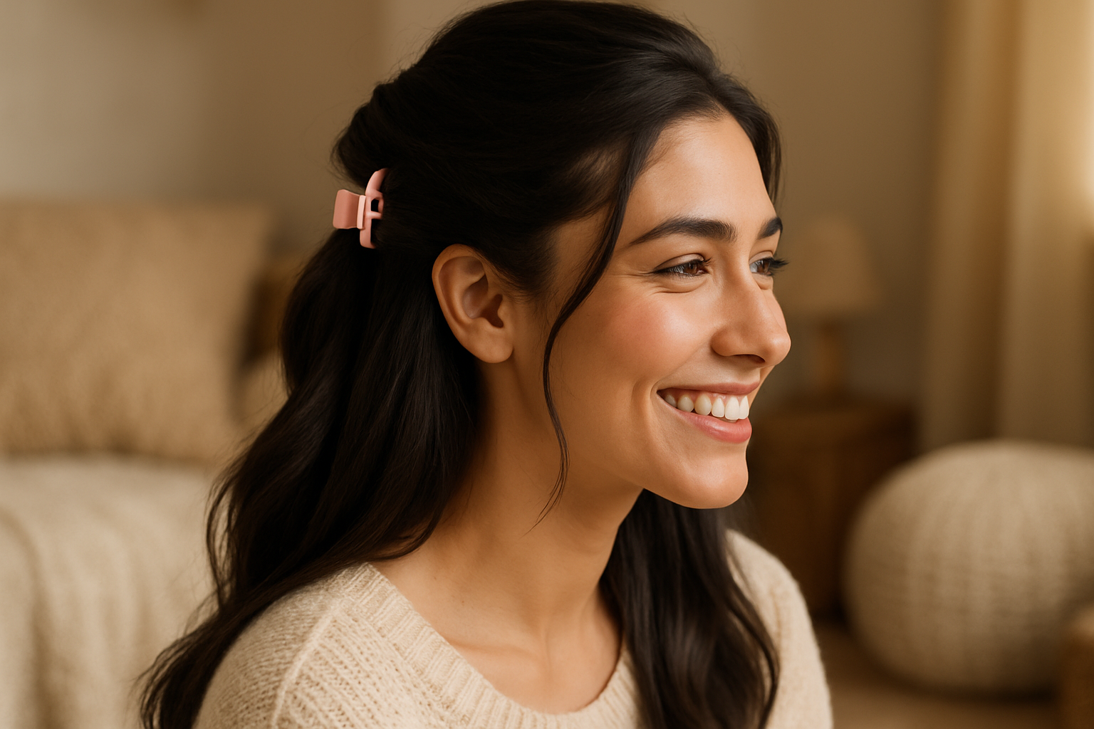 Smiling woman similar like Kendall Jenner doing half-up hairstyle with a pastel mini claw clip in cozy room
