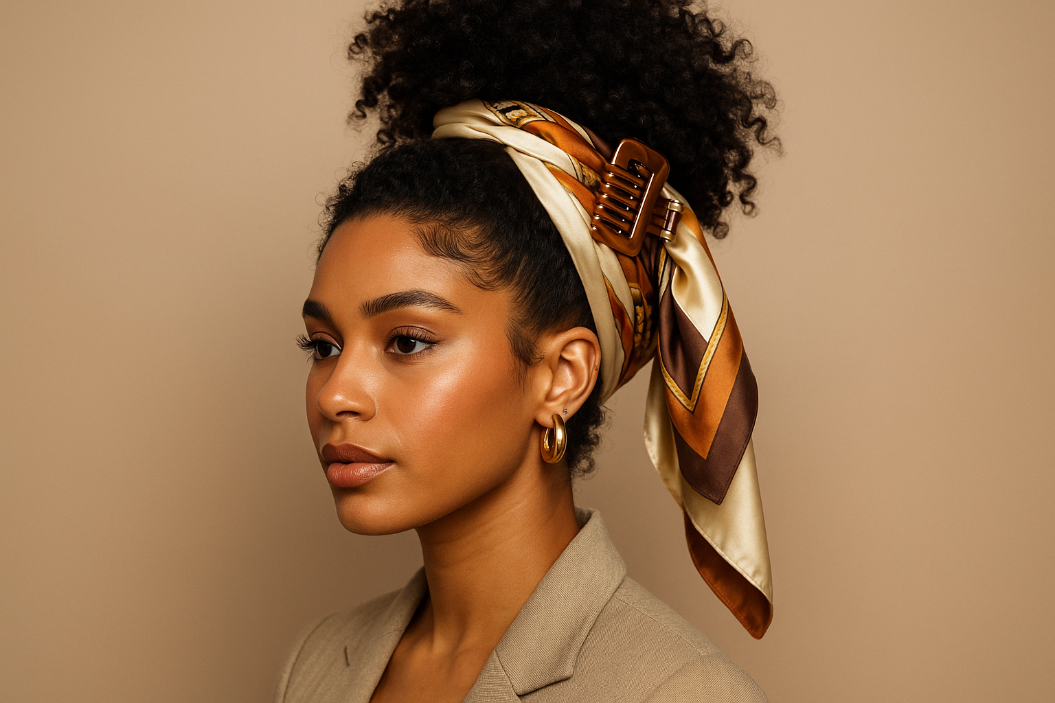 US woman like hailey bieber with Coily hair in a pineapple updo with jumbo clip and silk scarf accessory