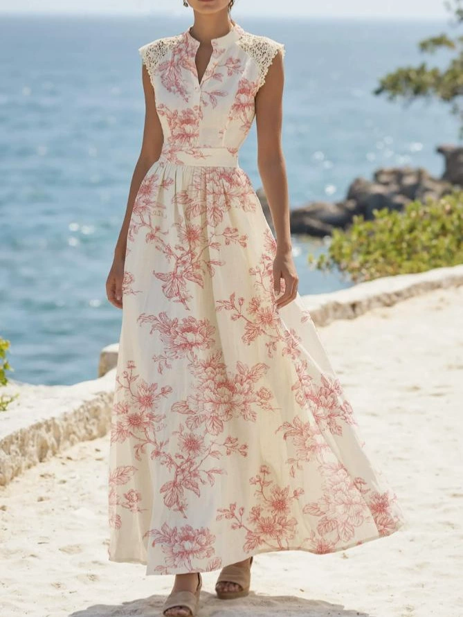 (S-XXL) Cap Sleeves Stand Collar Floral Lace Vintage Maxi Linen Dress 