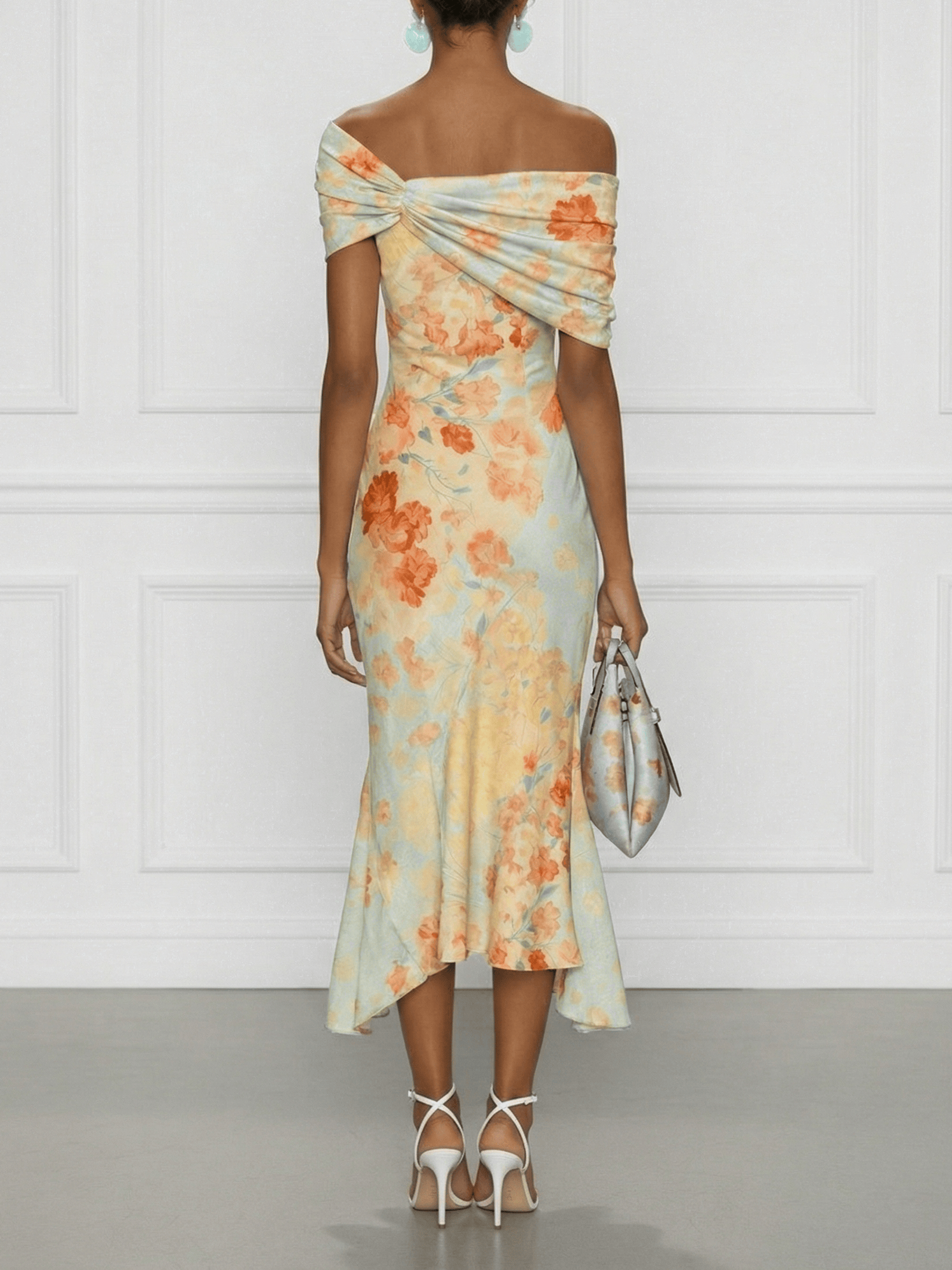 Light Blue Floral Classic Off The Shoulder Short Sleeve Mermaid Midi Dress