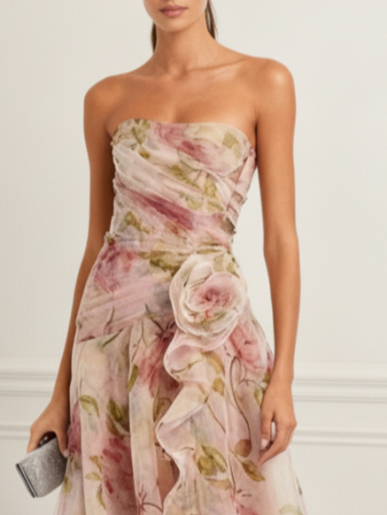 Pink Floral 3D Floral Tulle Strapless Sleeveless A-Line Floor-length Gown Dress