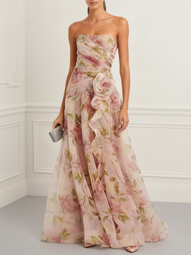 Pink Floral 3D Floral Tulle Strapless Sleeveless A-Line Floor-length Gown Dress