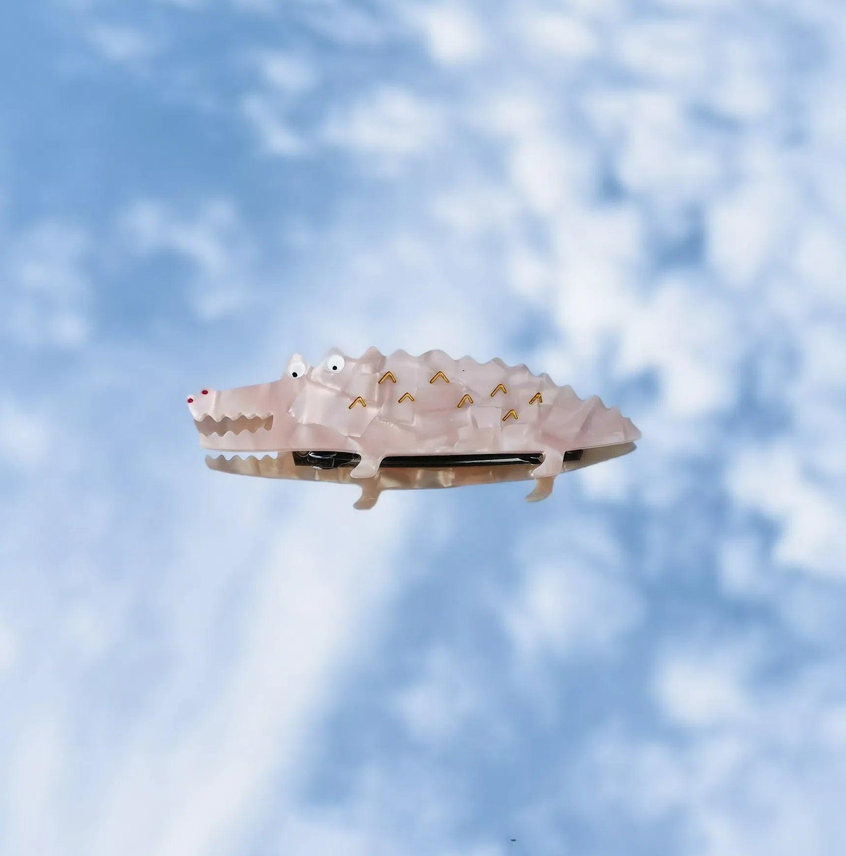 Bowsatelier Unique Green pink Alligator Barrette- cute classic hair claw with distinctive pattern. good for thick curly fine hair