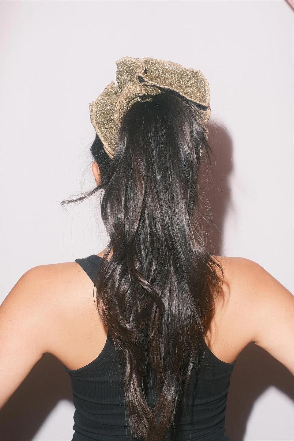 Bowsatelier Sweet Dreams Scrunchie in Silver Brat  and gold stylish for thick curly good shining hair 