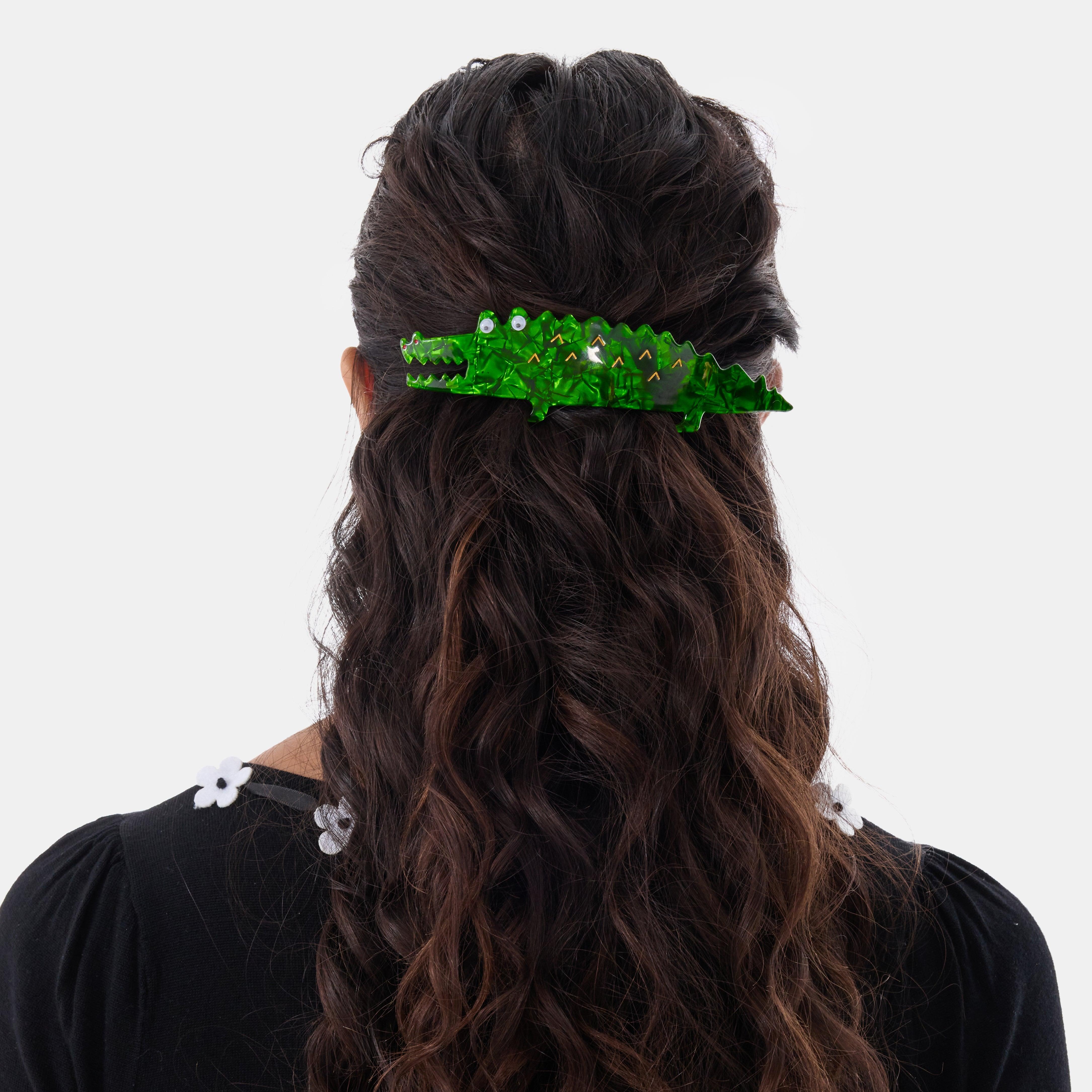 Bowsatelier Unique Green pink Alligator Barrette- cute classic hair claw with distinctive pattern. good for thick curly fine hair