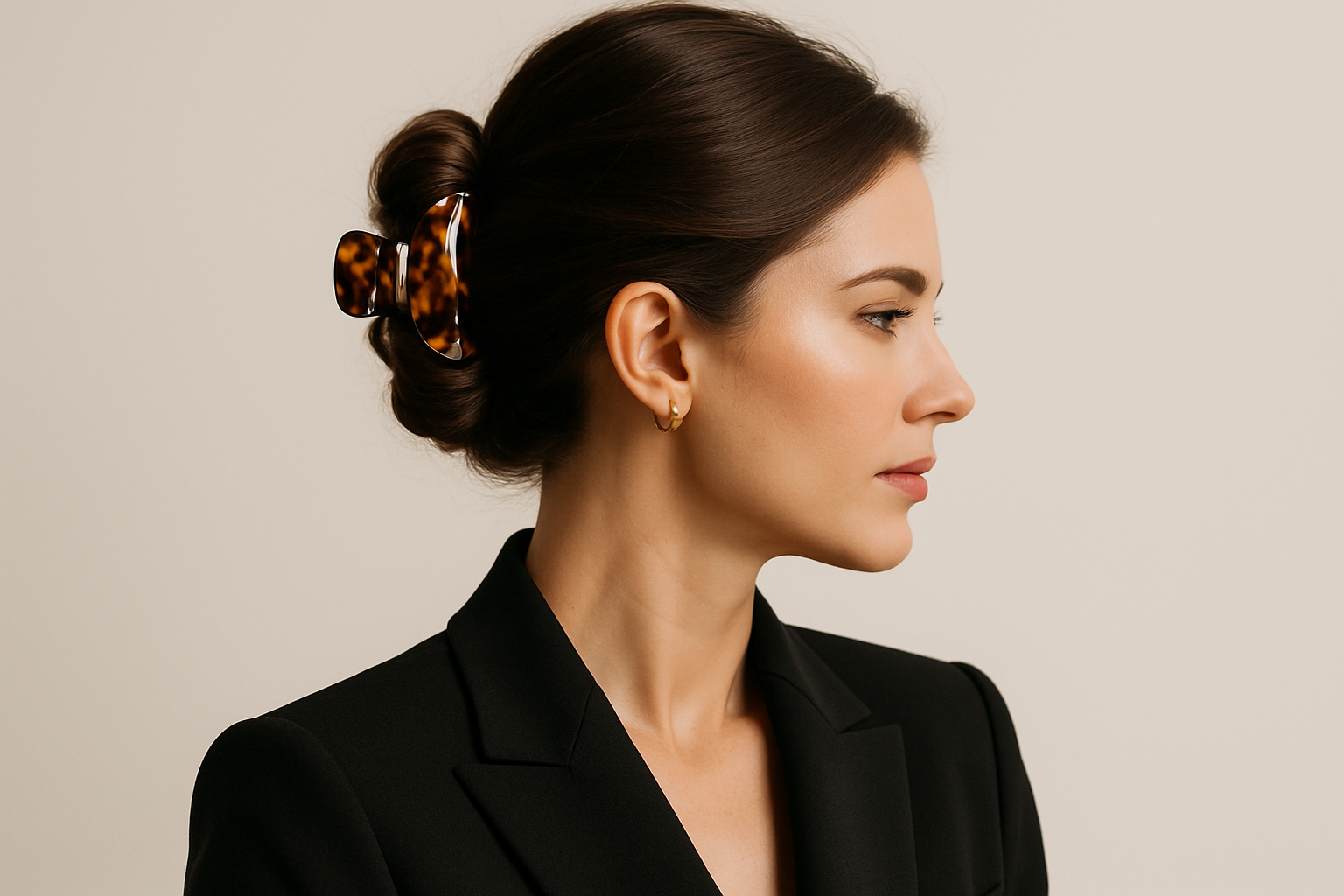 legant woman in blazer using tortoise shell claw clip