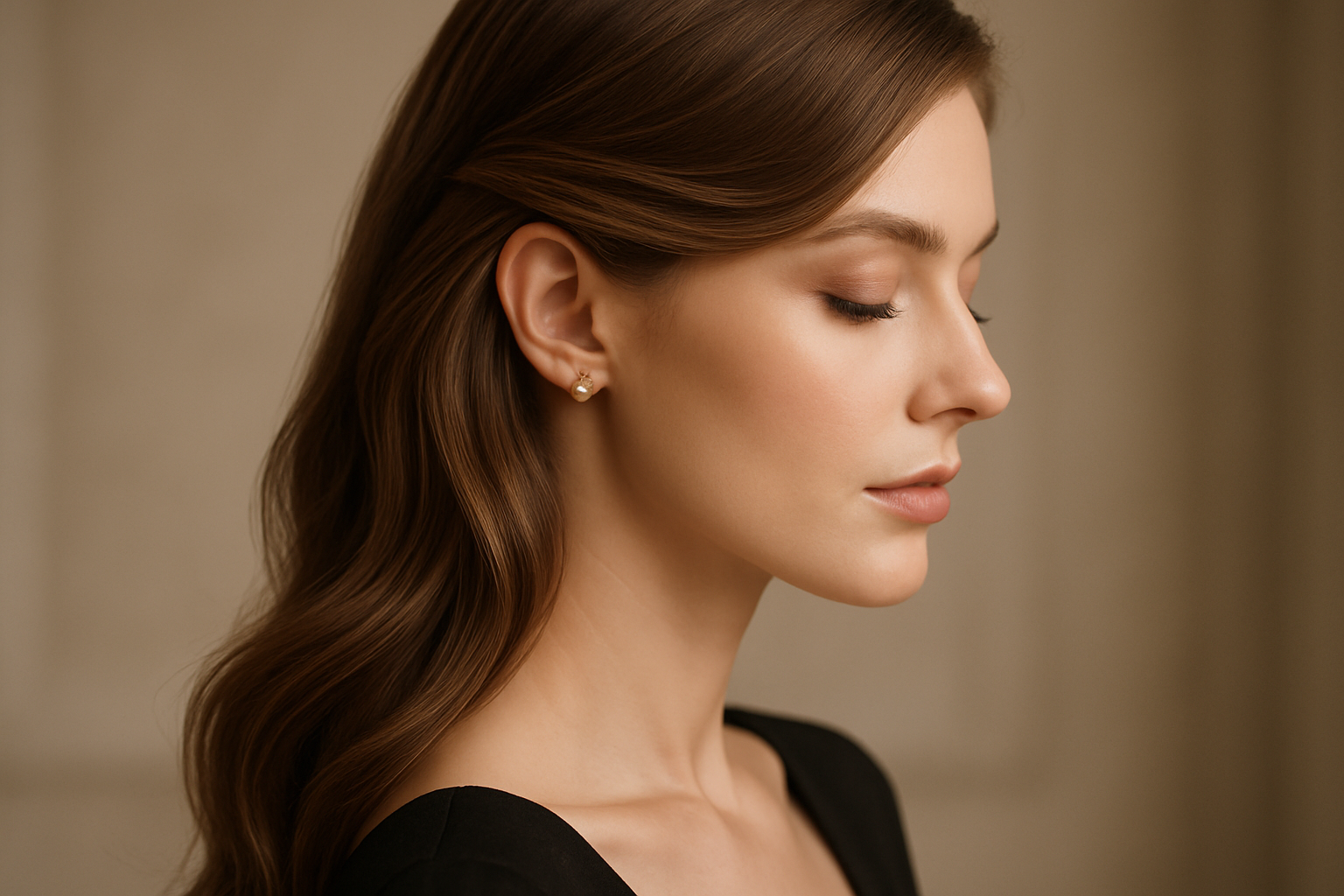 Elegant side-swept hair with pearl mini clip tucked behind ear