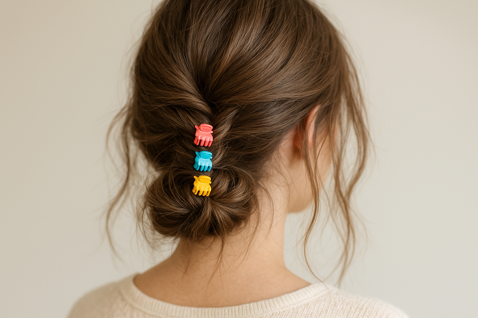 Low messy bun clipped with three colorful small jaw clips stacked along twist