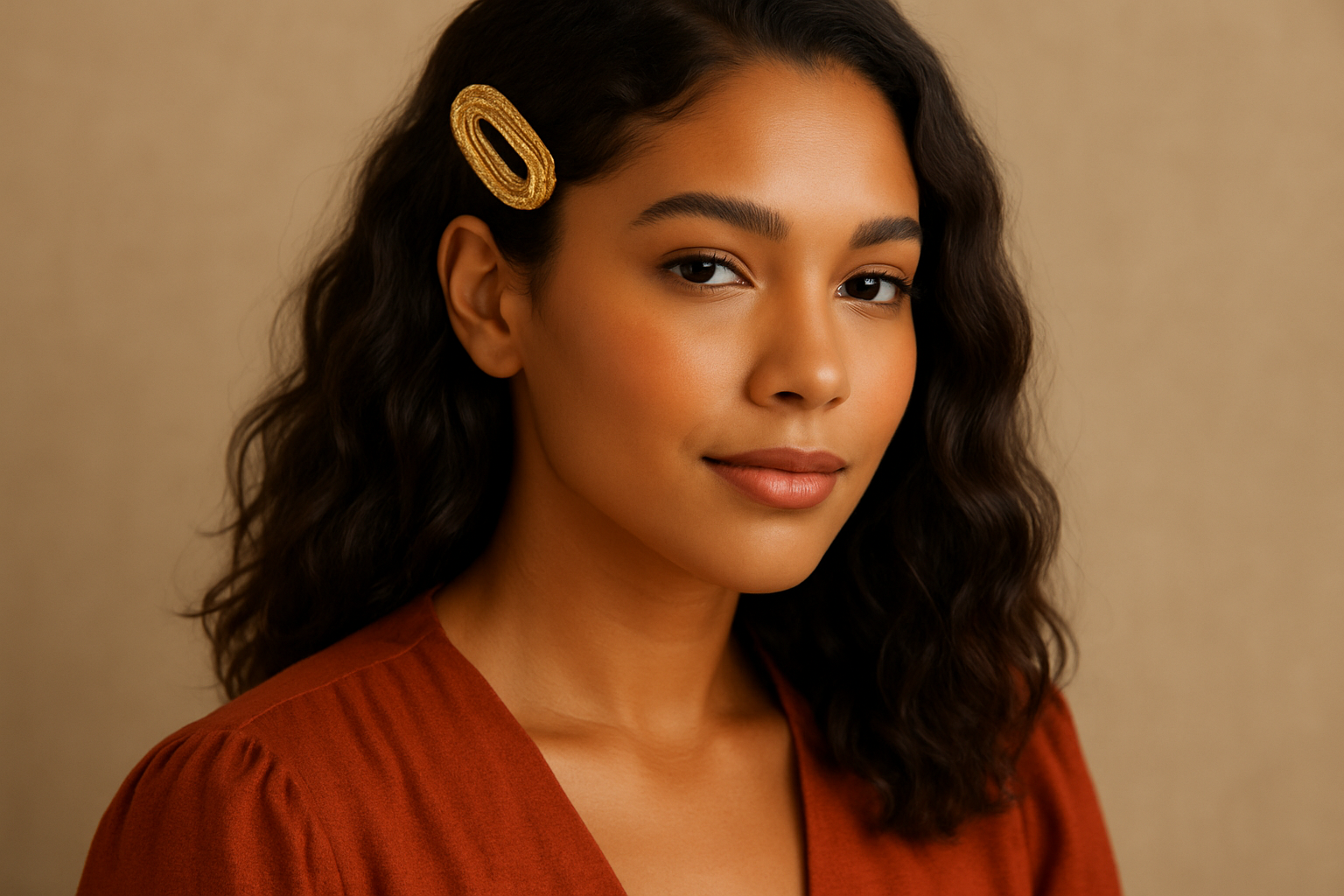 Model with warm skin tone in rust top and gold hair clip
