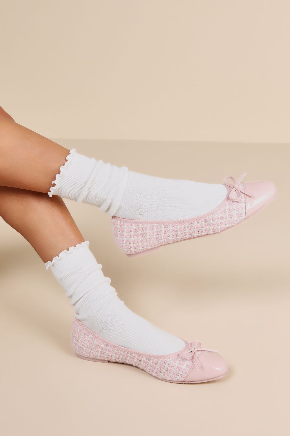 pink boucle bow ballet flats