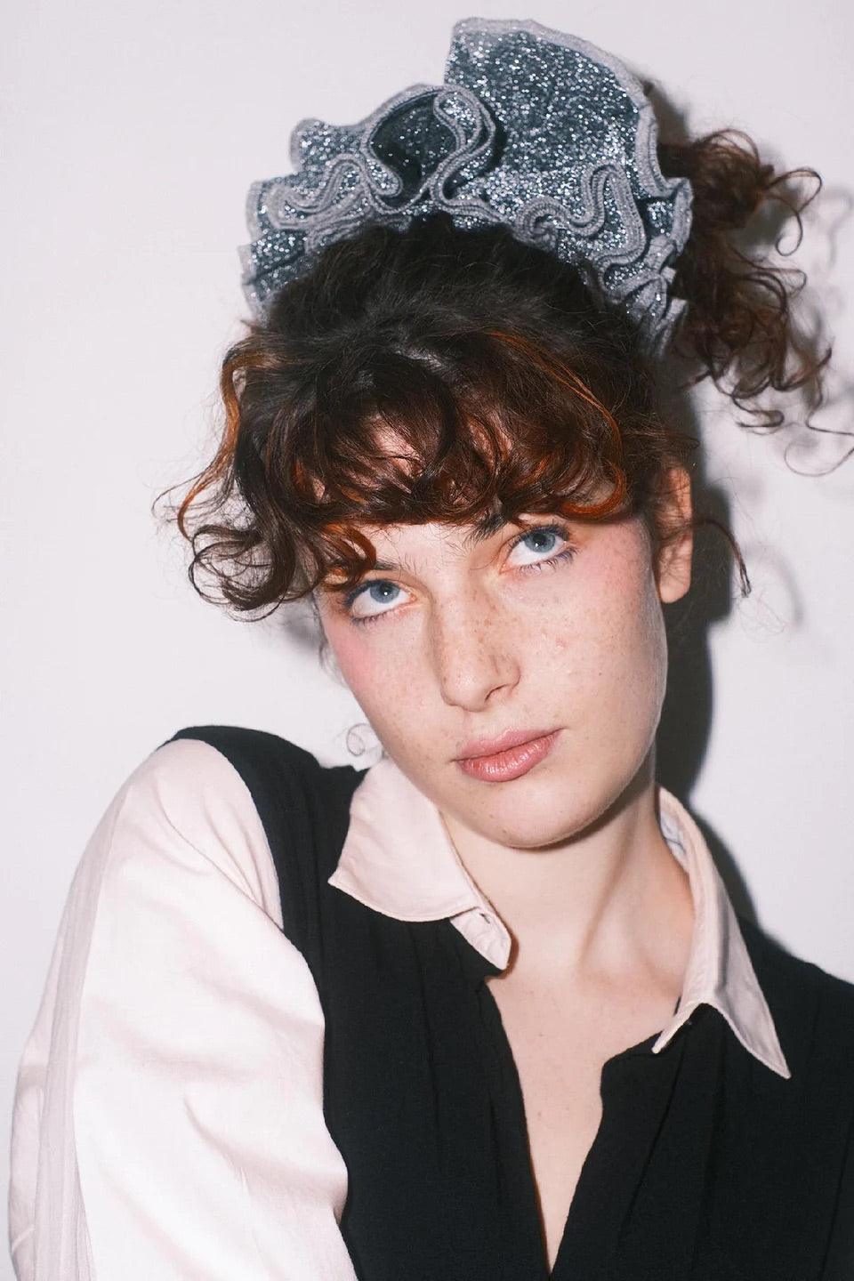 Bowsatelier Sweet Dreams Scrunchie in Silver Brat  and gold stylish for thick curly good shining hair 