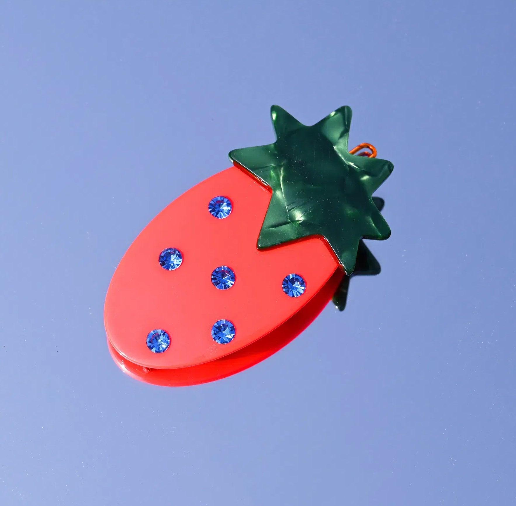 Bowsatelier Unique Strawbs Clips Set  in blue & red- cute hair claw with distinctive pattern. good for thick curly fine hair