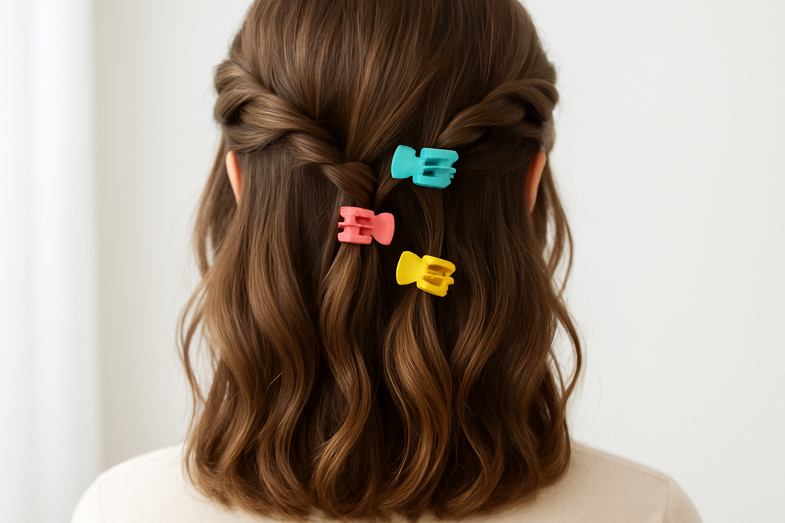 Two mini twisted sections on each side of head clipped back with colorful claw clips