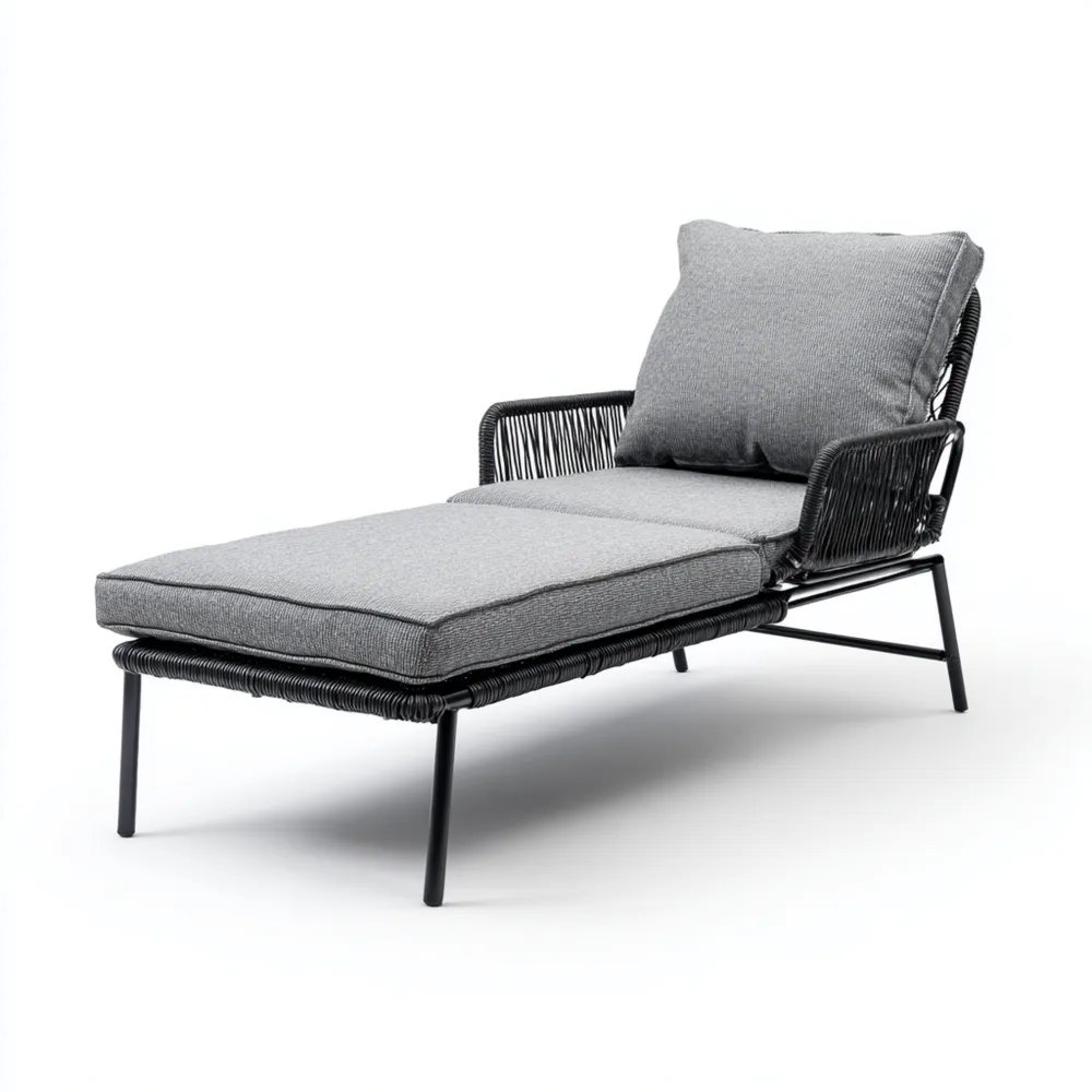 Chaise longue de jardin en rotin synthétique 180x65x85 cm avec coussins en tissu Gris - Style contemporain