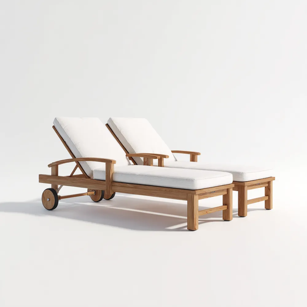 Chaise longue en teck 200x65x35 cm avec coussins – Bois Naturel/Blanc – Design extérieur moderne