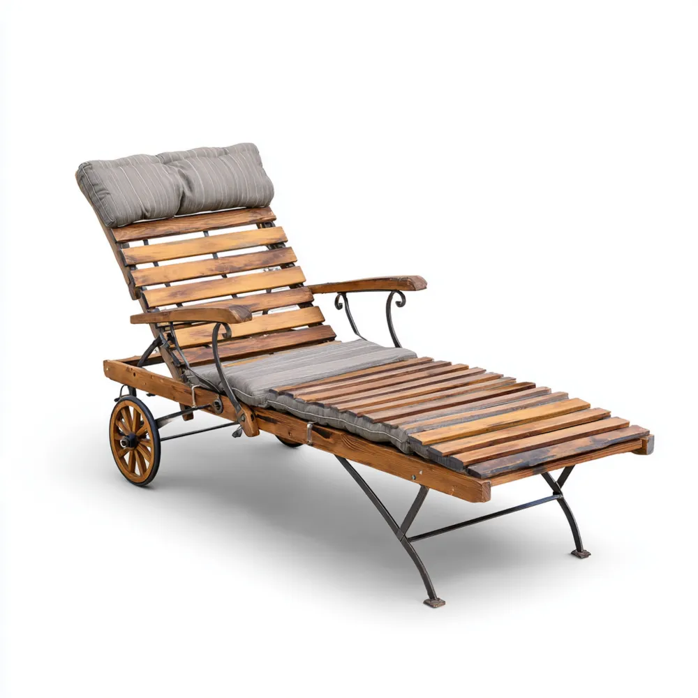 Chaise longue de jardin en bois et métal avec coussin – 200x70x90 cm – Design rustique