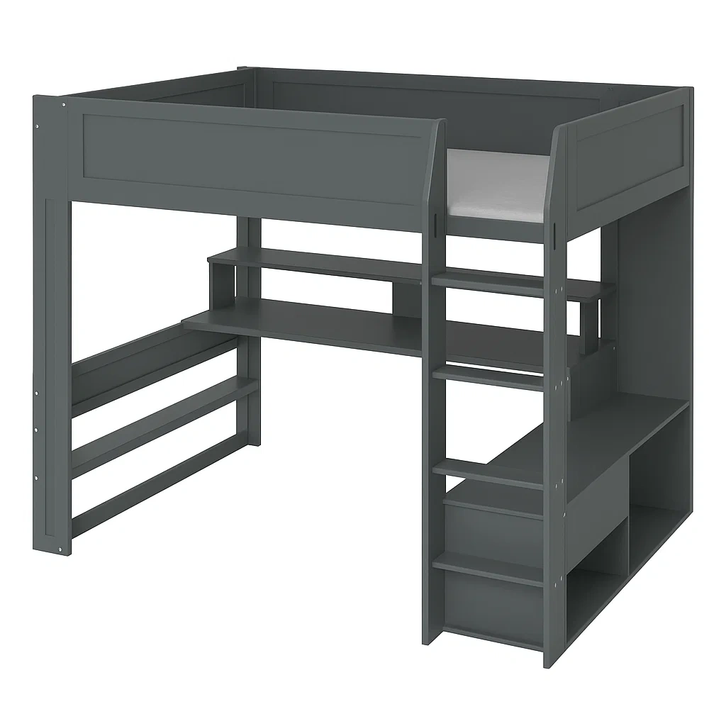 Letto a soppalco in legno con scrivania e scaffali incorporati Grigio-COSYFURNIX