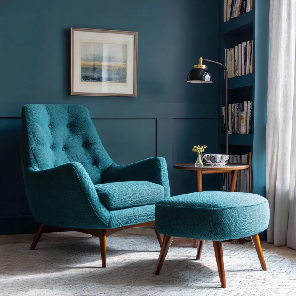 Fauteuil de détente en tissu 75x90x85 cm avec repose-pieds 50x35x40 cm – Bleu – Design vintage