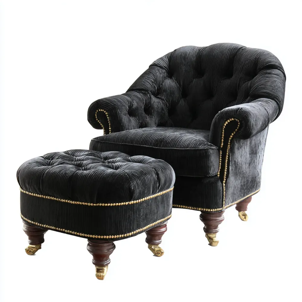 Fauteuil de détente en Velours Noir 85x90x100 cm avec Repose-pieds 60x45x40 cm - Style Classique