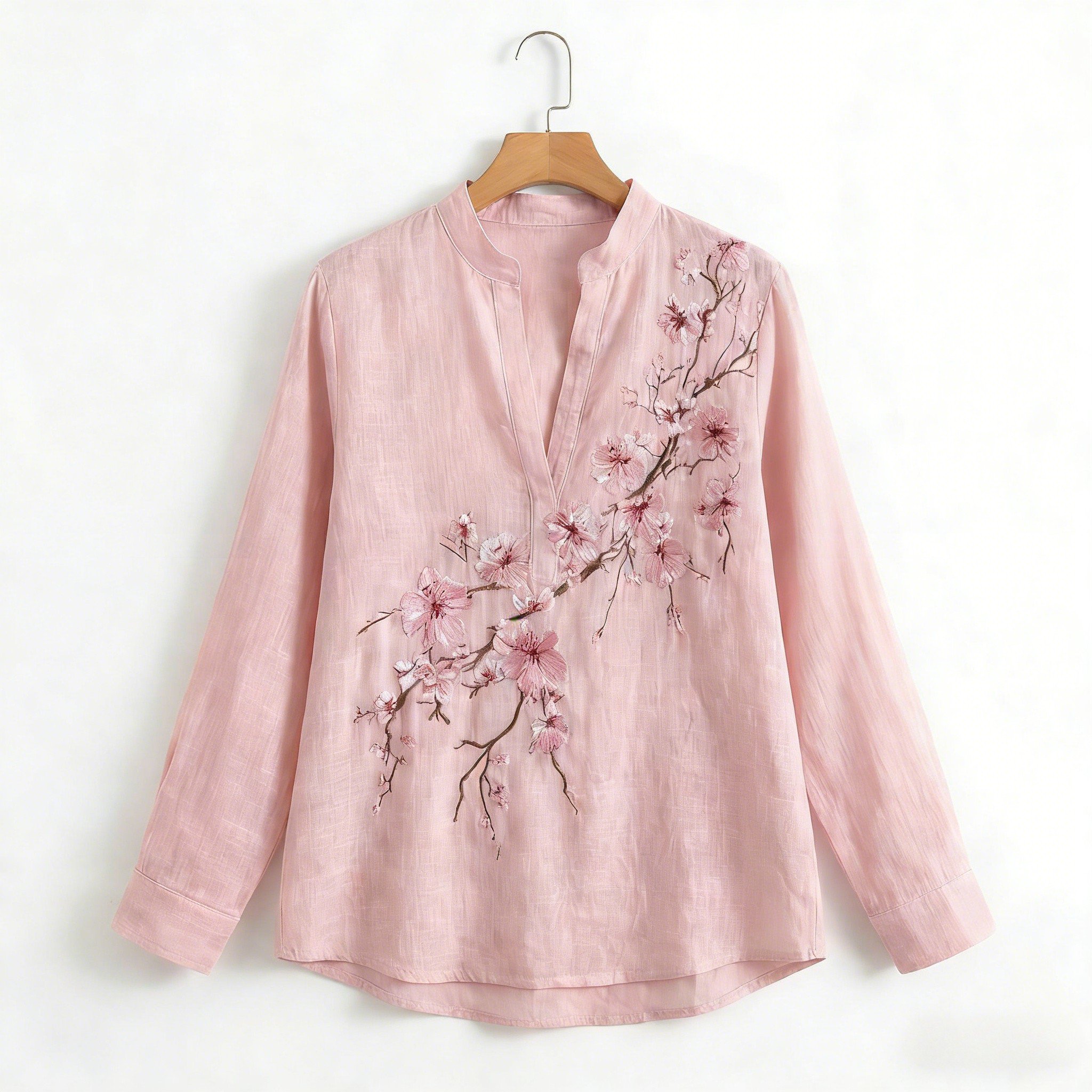 Women's Vintage Flowers Embroidered Linen Long Sleeve Shirt
