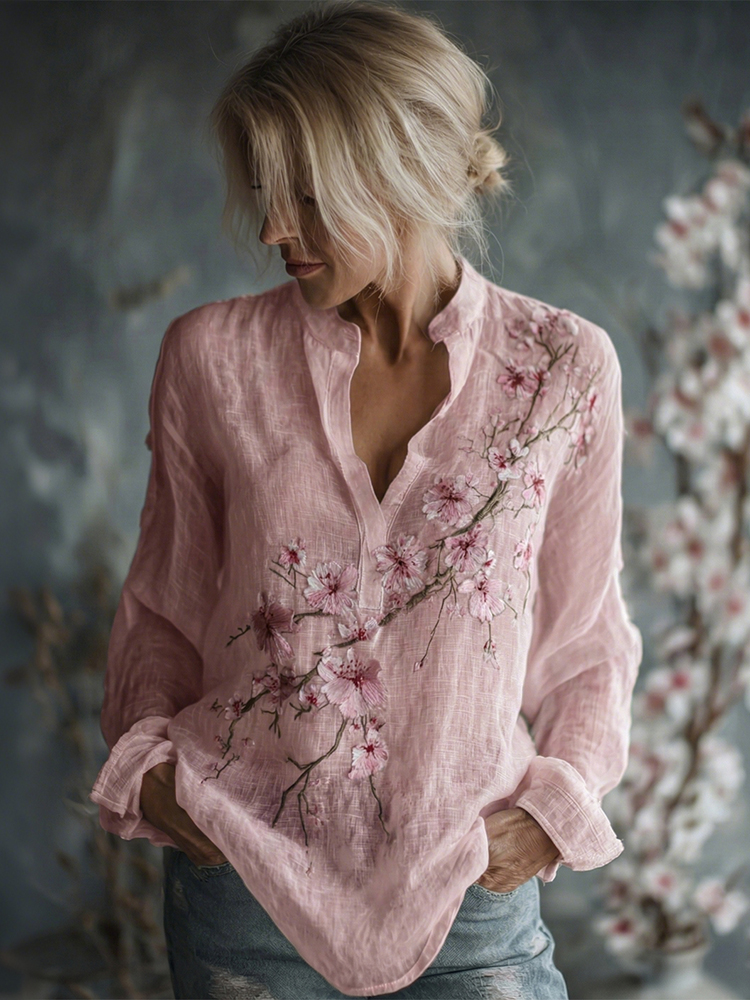 Women's Vintage Flowers Embroidered Linen Long Sleeve Shirt