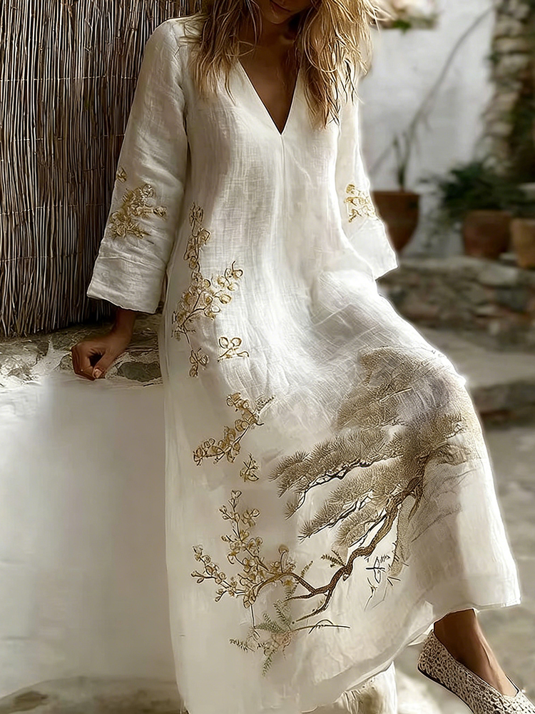 Women's Japanese Cherry Blossom And Pine Tree Art Pattern Linen Dress