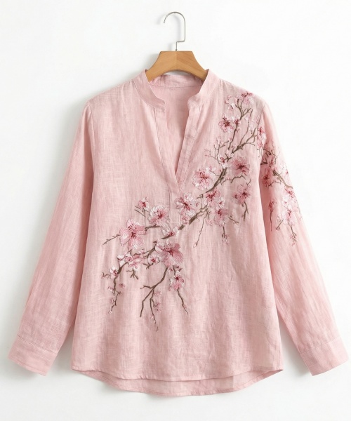 Women's Vintage Flowers Embroidered Linen Long Sleeve Shirt