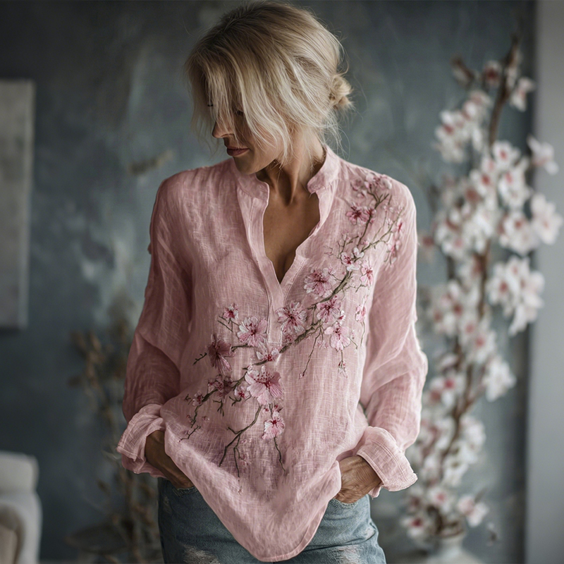 Women's Vintage Flowers Embroidered Linen Long Sleeve Shirt