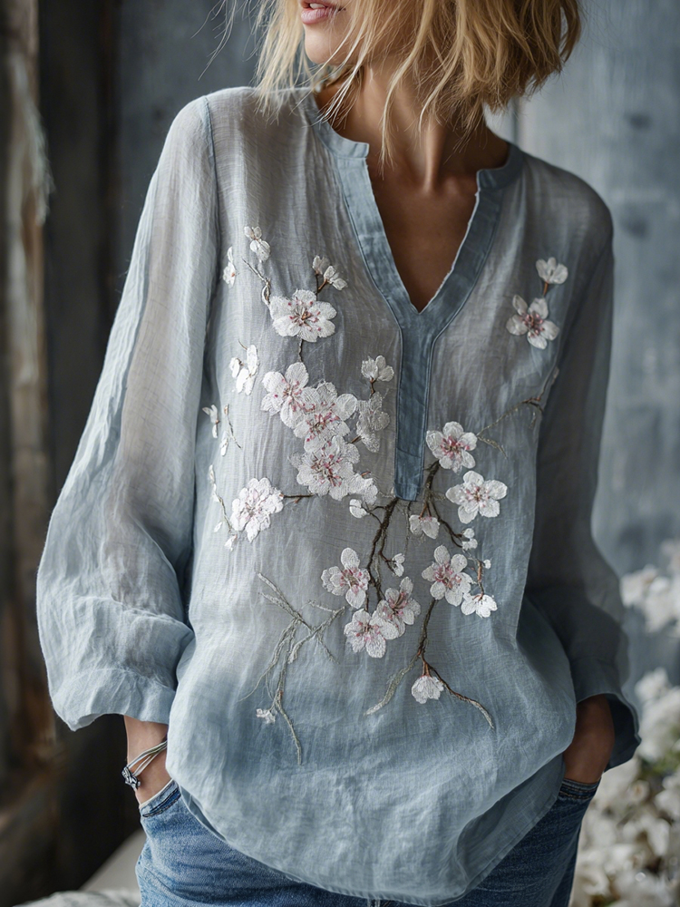 Women's Vintage Flowers Embroidered Linen Shirt