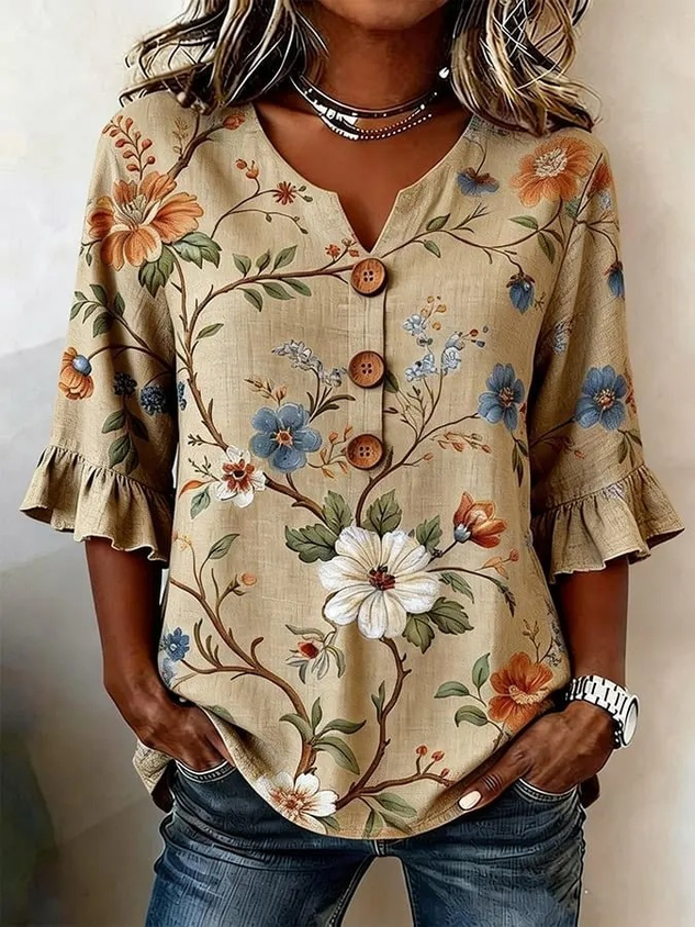 Women's 3D Floral Print V-Neck Half Sleeve Shirt with Wooden Buttons