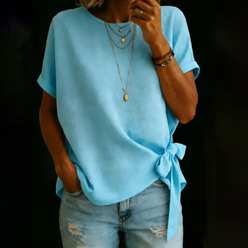 Women's Vintage Bow-tie Short Sleeves Round Neck Linen T-shirt