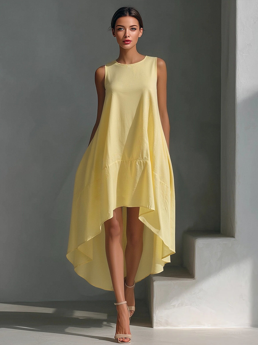 Women's Linen Fabric Sleeveless Midi Dress With Round Neck & Asymmetric Hem