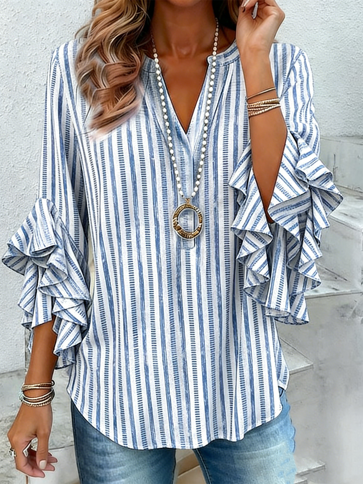Women Striped V Neck Half Sleeve Shirt Vintage Daily Summer Top