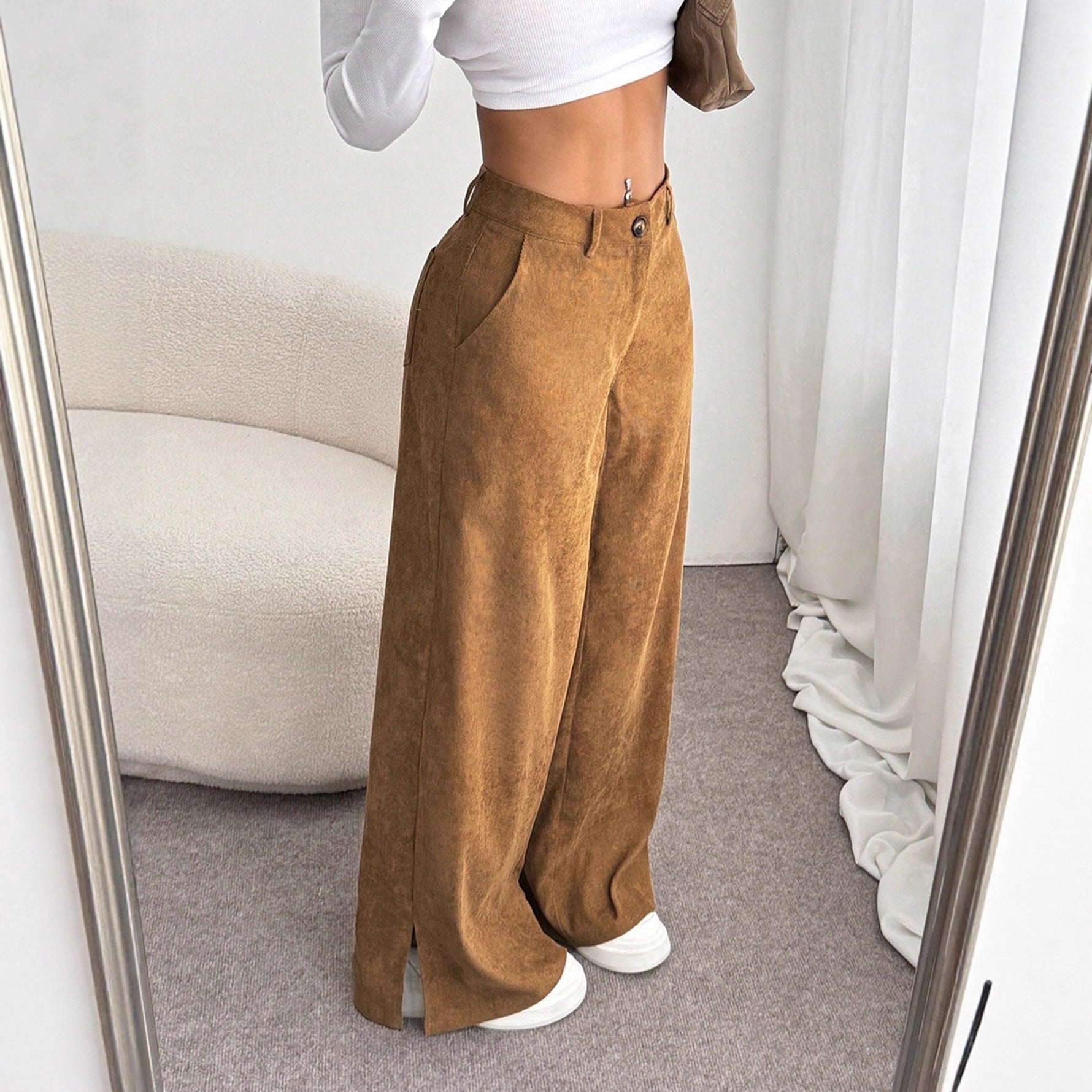 Ladies' High Waist Corduroy Wide Leg Pants