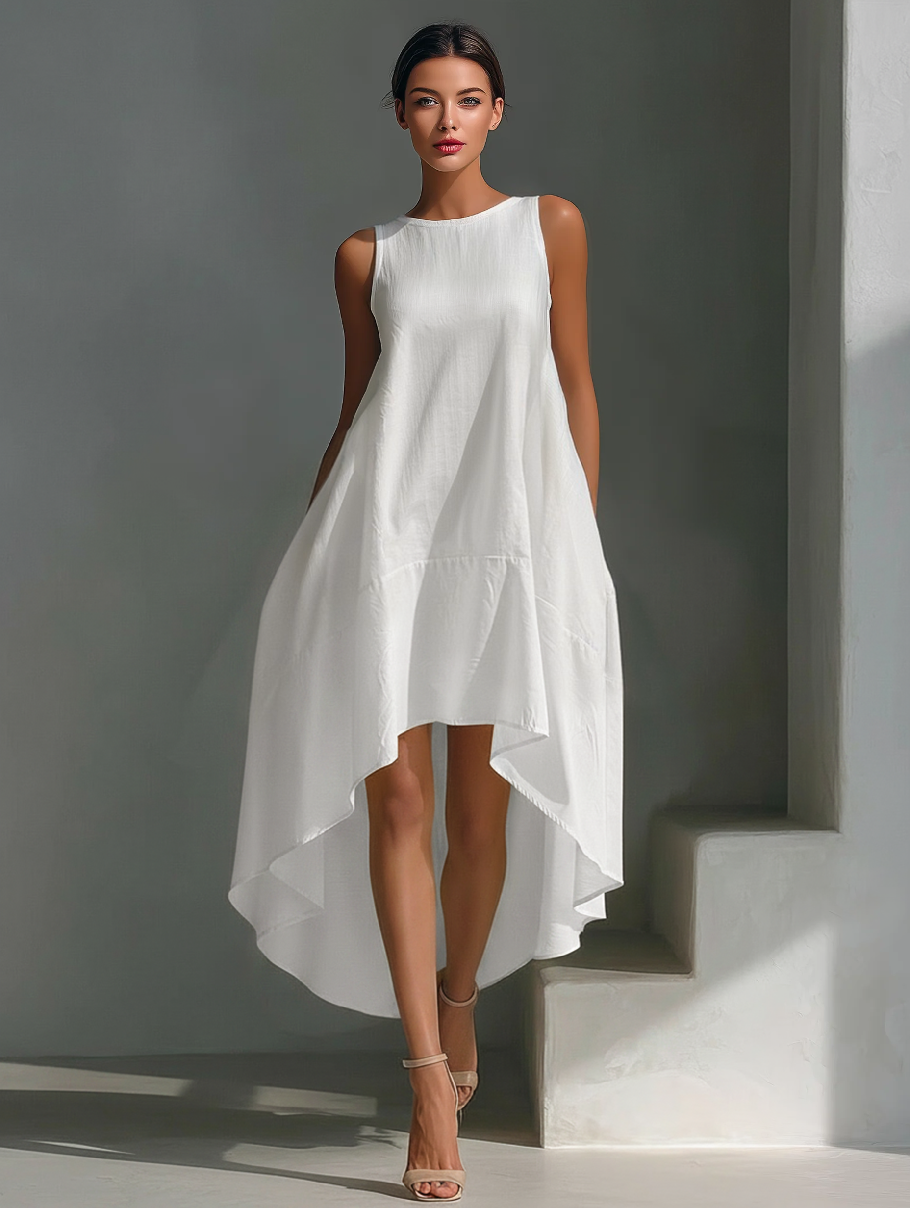 Women's Linen Fabric Sleeveless Midi Dress With Round Neck & Asymmetric Hem