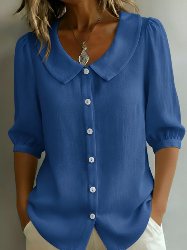 Women's Retro Peter Pan Collar Striped Cotton Linen Shirt
