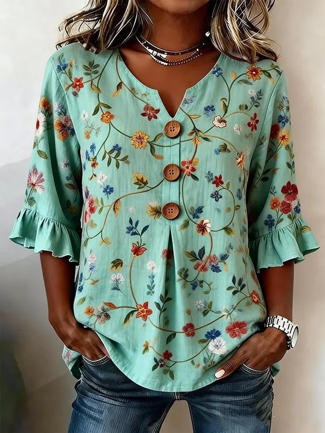 Women's 3D Floral Print V-Neck Half Sleeve Shirt with Wooden Buttons