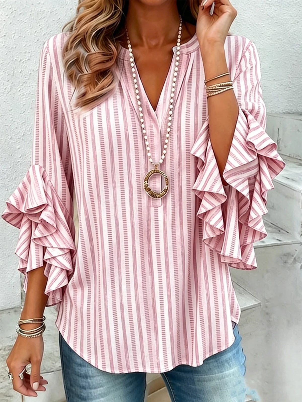 Women Striped V Neck Half Sleeve Shirt Vintage Daily Summer Top