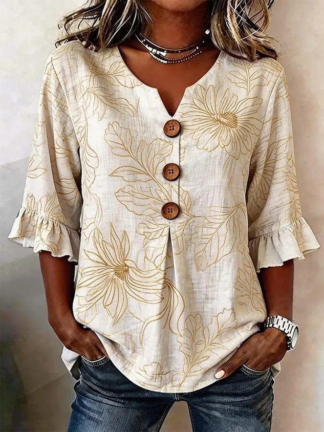 Women's 3D Floral Print V-Neck Half Sleeve Shirt with Wooden Buttons