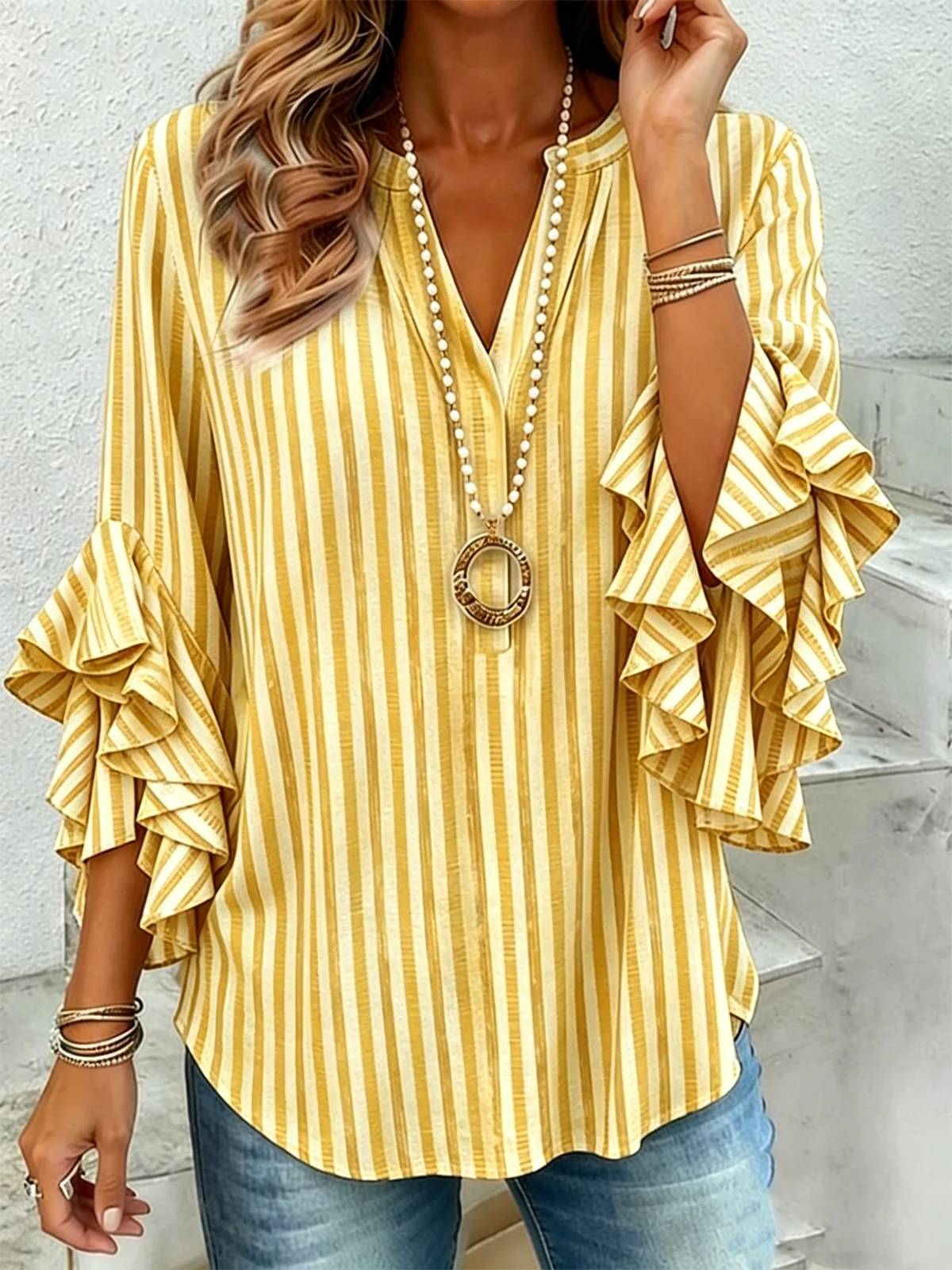 Women Striped V Neck Half Sleeve Shirt Vintage Daily Summer Top