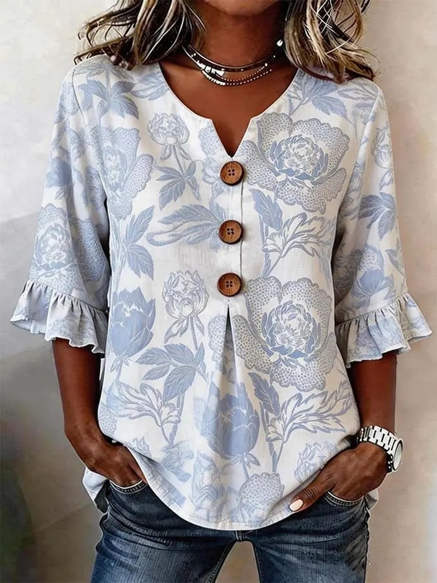 Women's 3D Floral Print V-Neck Half Sleeve Shirt with Wooden Buttons