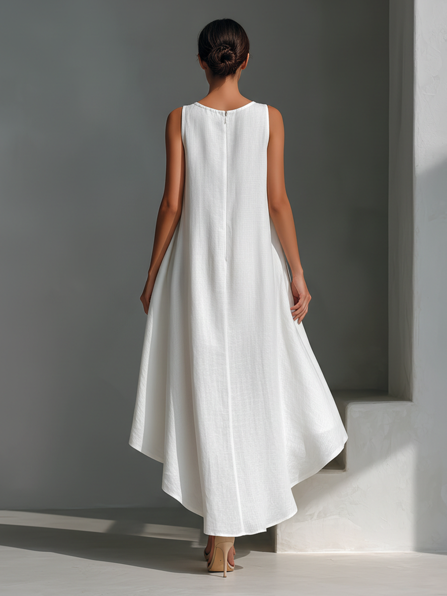 Women's Linen Fabric Sleeveless Midi Dress With Round Neck & Asymmetric Hem