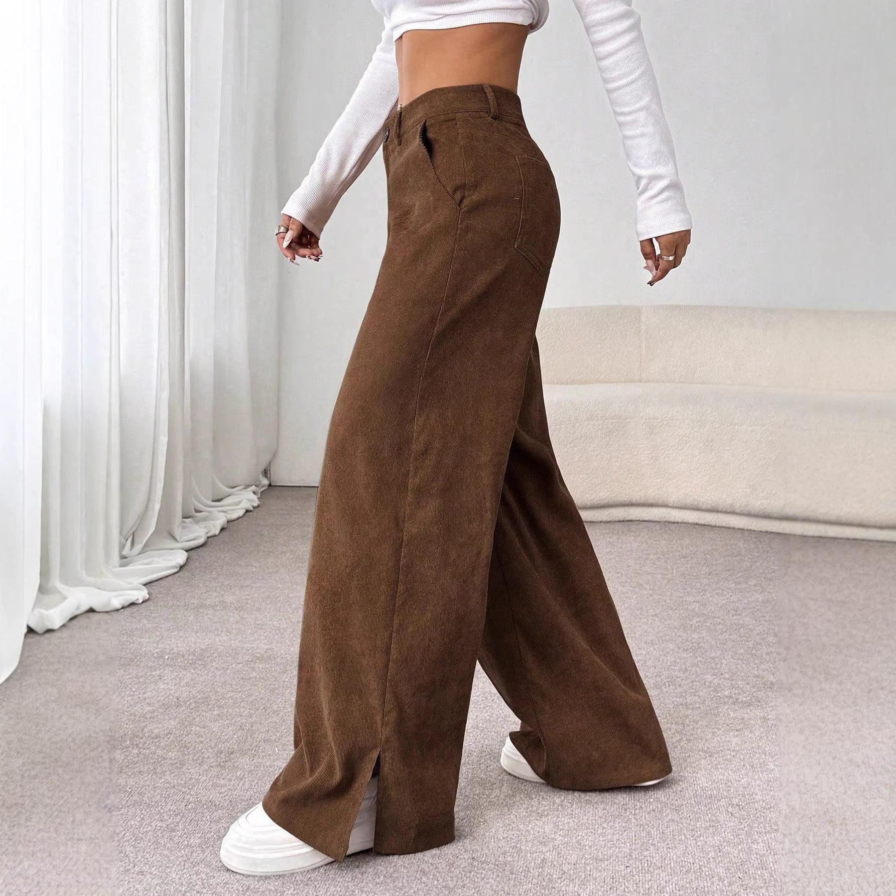 Ladies' High Waist Corduroy Wide Leg Pants