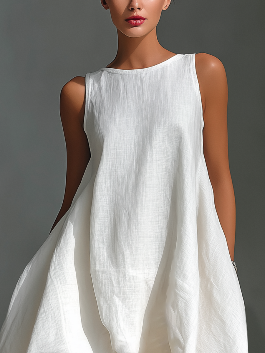 Women's Linen Fabric Sleeveless Midi Dress With Round Neck & Asymmetric Hem