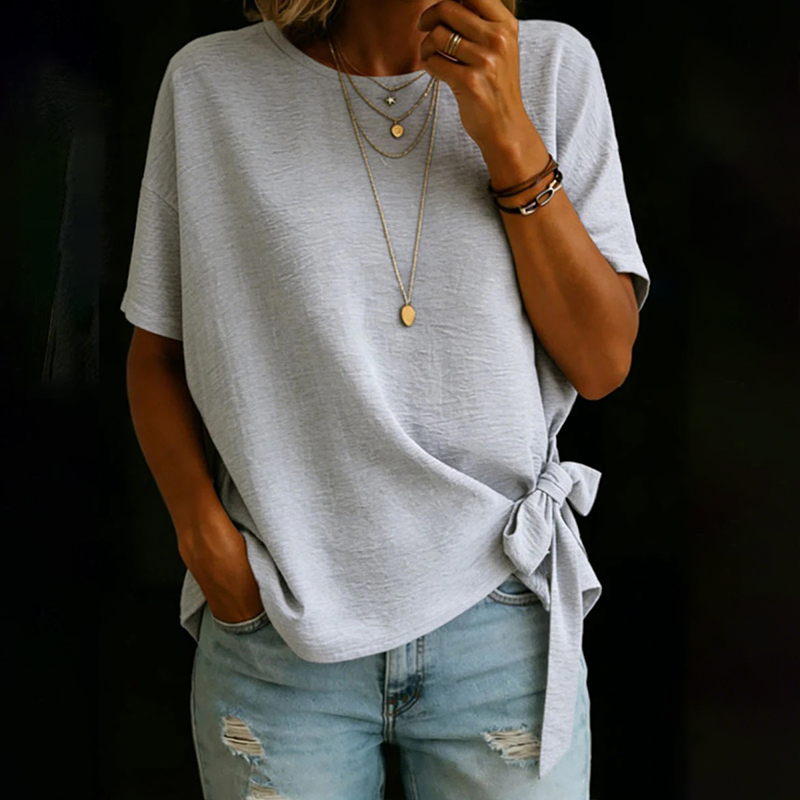 Women's Vintage Bow-tie Short Sleeves Round Neck Linen T-shirt