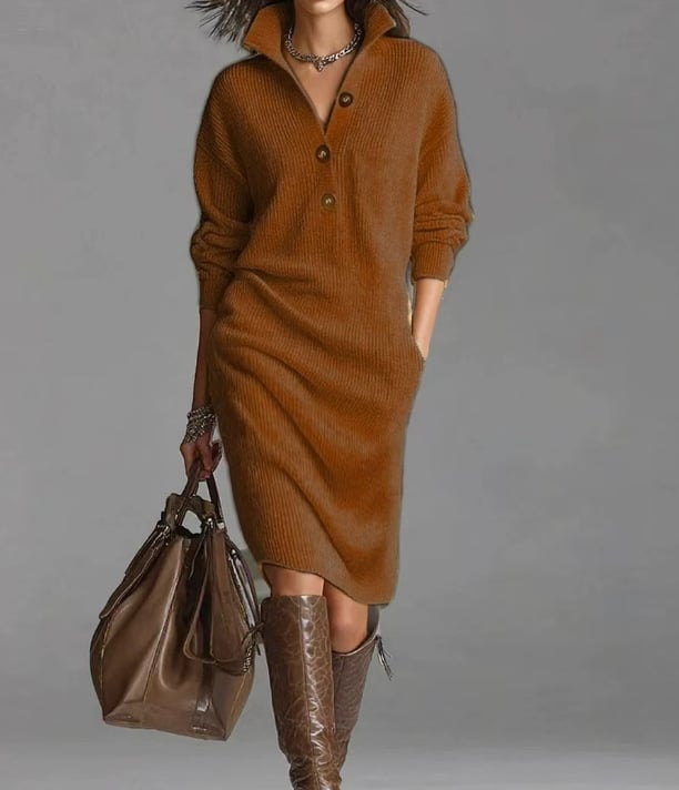 Casual Button Lapel Knit Mid-Length Sweater Dress